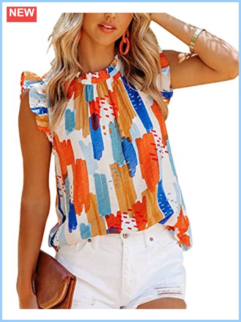 Women Summer Ruffle Trim Neckline Tank Top Double Lined Chiffon Blouse